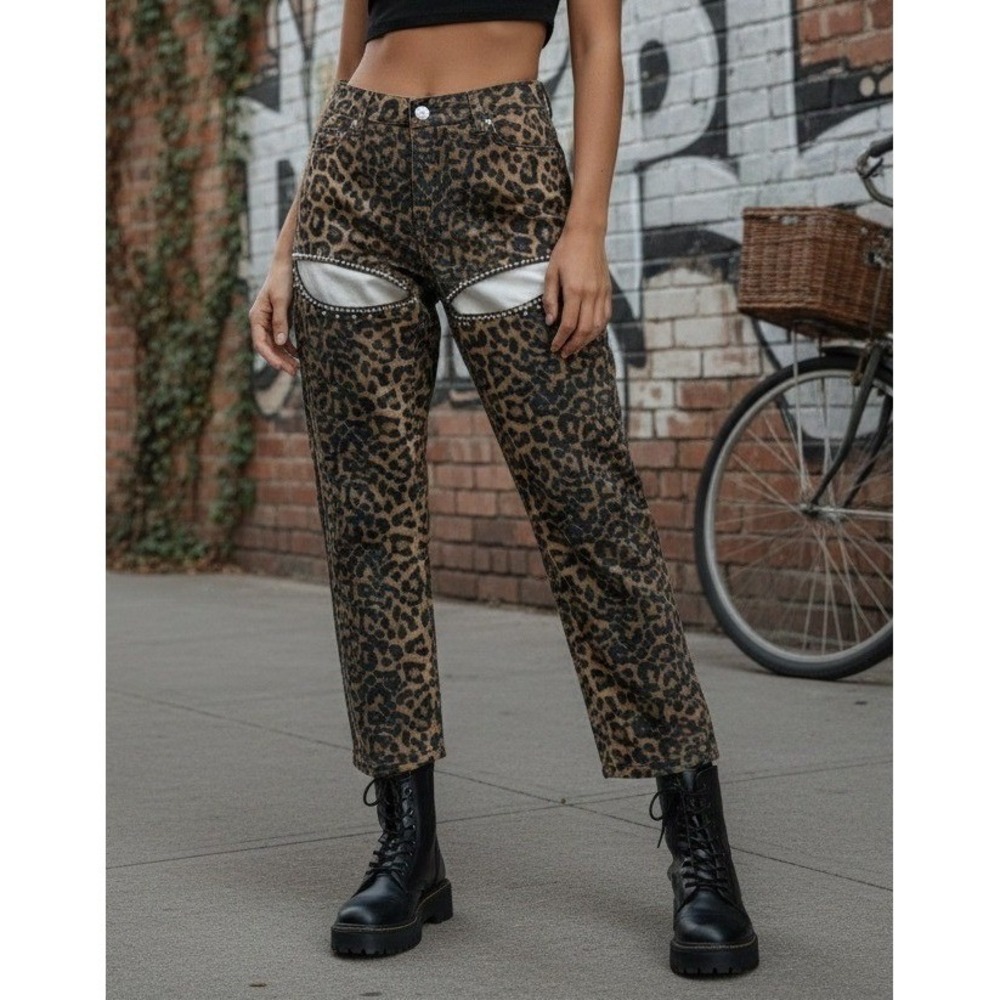 VIP Jeans Women's Leopard Print Cutout Pants Rhinestone Stretch Size‎ 7/28 NWT